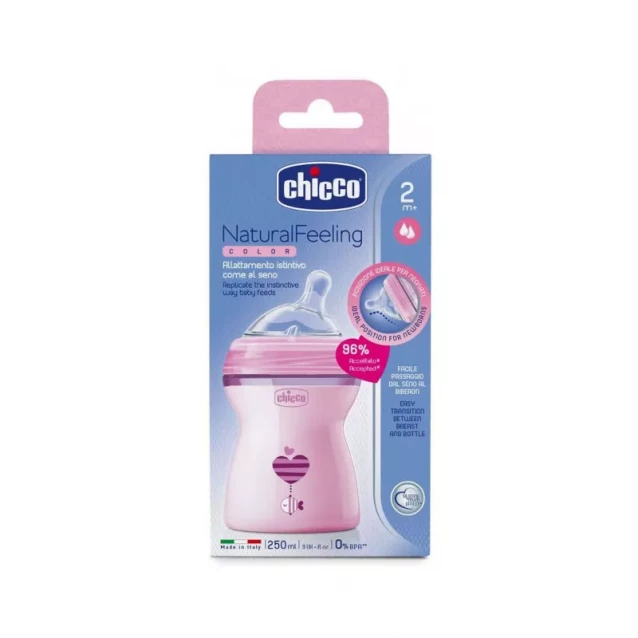 CHICCO Бутылка пластиковая Natural Feeling 250мл. соска силиконовая от 2 месяцев средний поток (розовая) - 2