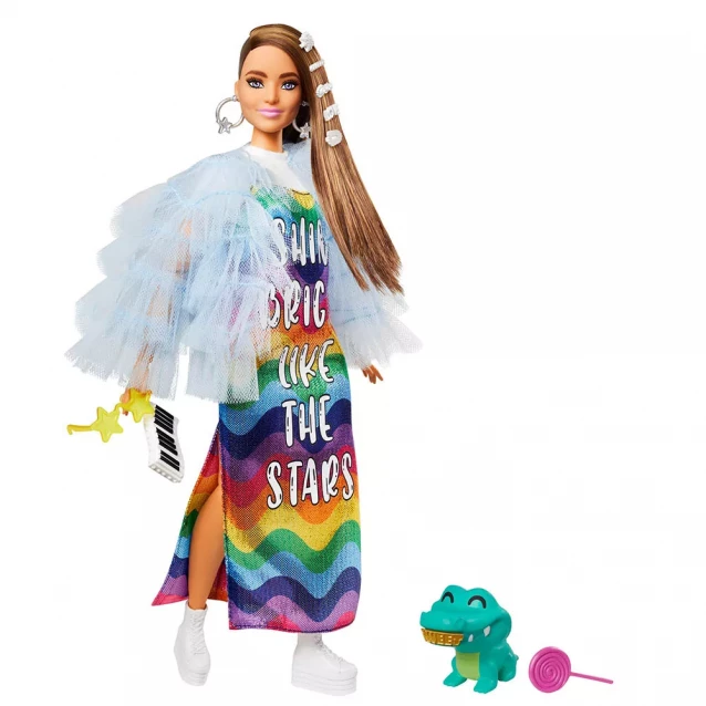 Лялька Barbie "Екстра" у довгій веселковій сукні (GYJ78) - 1