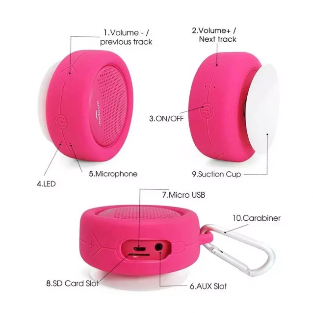 Влагозащищенная акуст. система XOOPAR – SPLASH POP (роз.,Bluetooth,SD-карта,USB-каб, карабин) - 10
