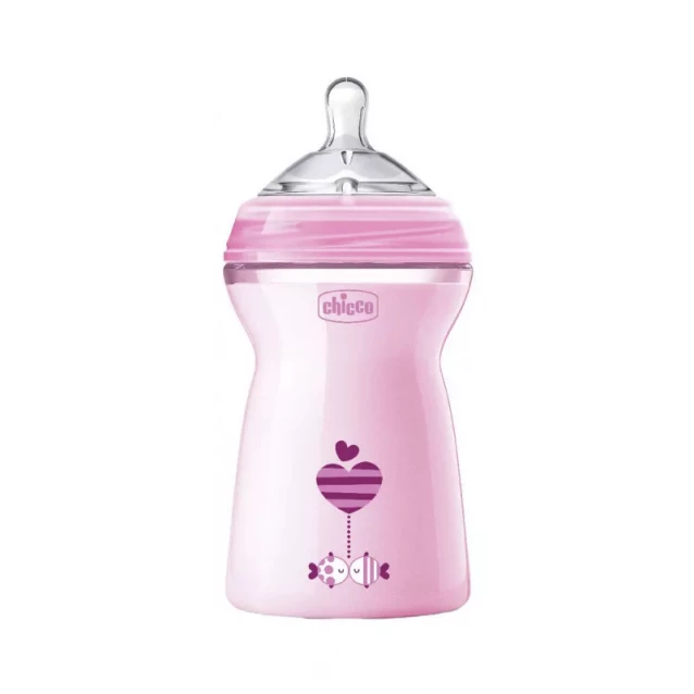 CHICCO Пляшка пластикова Natural Feeling 330мл. соска силіконова від 6 місяців швидкий потік (рожева - 1