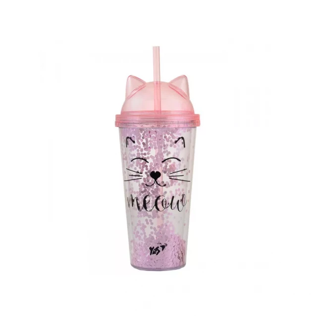 YES Тамблер-стакан с блескітками "Pink Cat", 450мл, з трубочкою - 1
