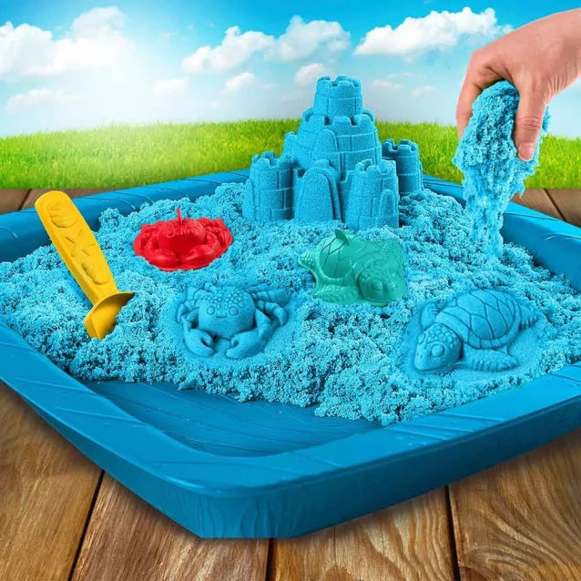 Набір піску для дитячої творчості - KINETIC SAND ЗАМОК З ПІСКУ (блакитний, 454 г, формочки, лоток) - 7
