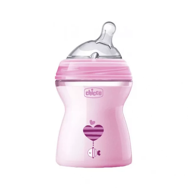 CHICCO Бутылка пластиковая Natural Feeling 250мл. соска силиконовая от 2 месяцев средний поток (розовая) - 1