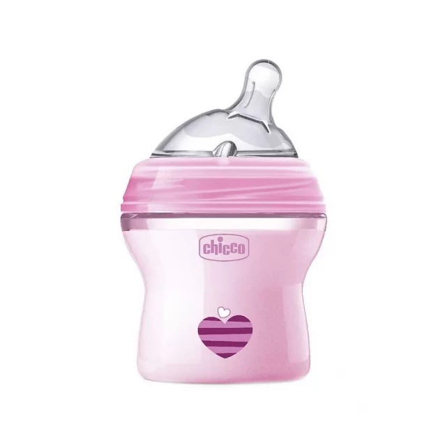 CHICCO Бутылка пластиковая Natural Feeling 150мл. соска силиконовая от 0 месяцев нормальный поток (розовая) - 1