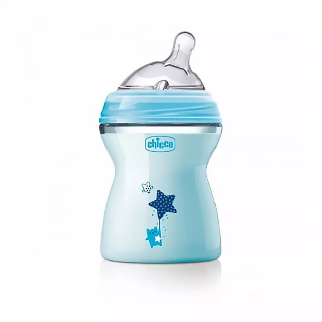 CHICCO Бутылка пластиковая Natural Feeling 250мл. соска силиконовая от 2 месяцев средний поток (голубая) - 1