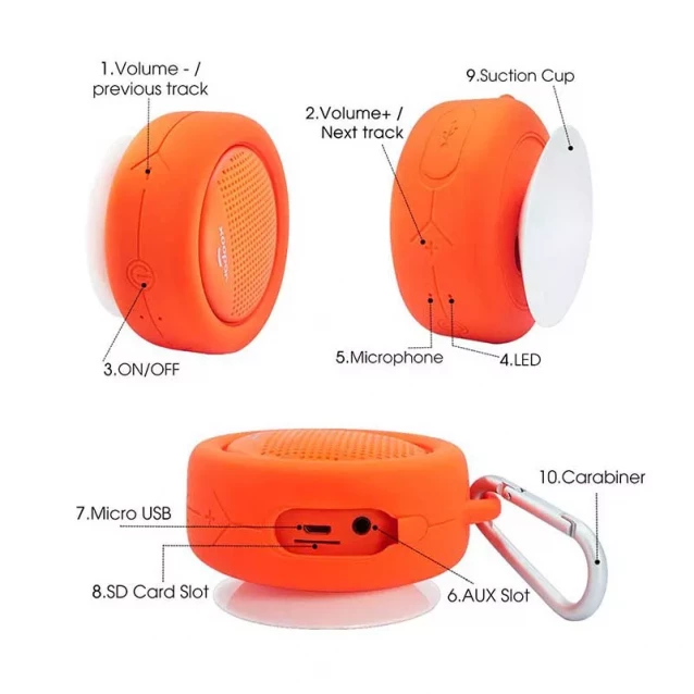 Влагозащищенная акуст. система XOOPAR – SPLASH POP (оранж.,Bluetooth,SD-карта,USB-каб, карабин) - 7