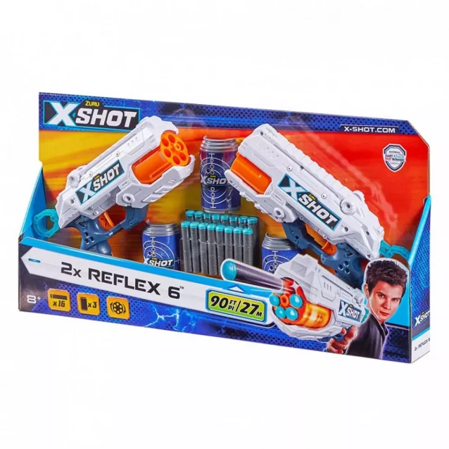X-Shot Скорострельный бластер EXCEL Reflex 6 Double (2 бластера, 3 банки, 16 патронов) - 1