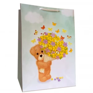 Пакет паперовий Kinza Ведмедик з квітами 233х330х106 мм (AD004) дитяча іграшка