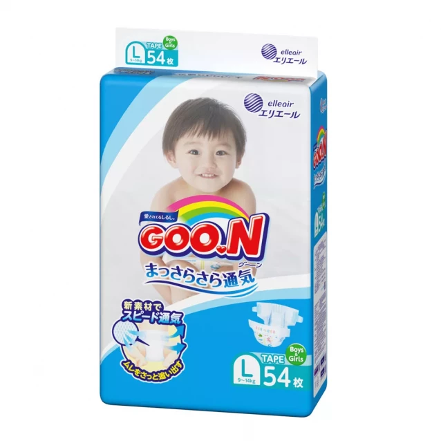 Підгузки GOO.N для дітей 9-14 кг (розмір L, на липучках, унісекс, 54 шт) - 5