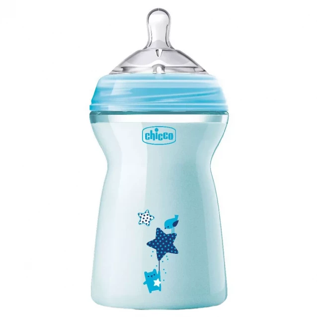 CHICCO Бутылка пластиковая Natural Feeling 330мл. соска силиконовая от 6 месяцев быстрый поток (голубая) - 1