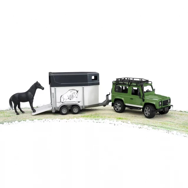 BRUDER игрушка - джип Land Rover Defender с прицепом для перевозки лошадей + лошадка, М1:16 - 3