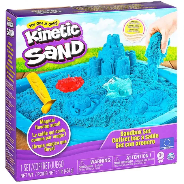 Набір піску для дитячої творчості - KINETIC SAND ЗАМОК З ПІСКУ (блакитний, 454 г, формочки, лоток) - 1