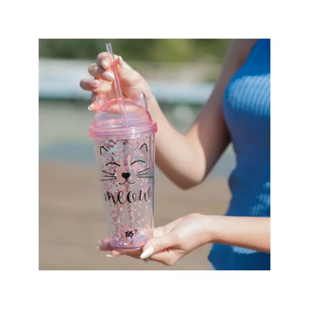 YES Тамблер-стакан с блескітками "Pink Cat", 450мл, з трубочкою - 5