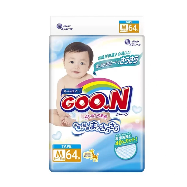 Підгузки GOO.N для дітей 6-11 кг (розмір M, на липучках, унісекс, 64 шт) - 1