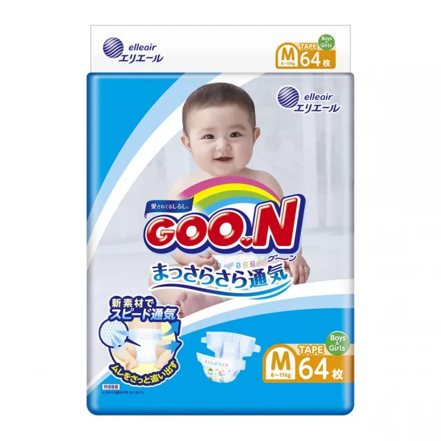 Підгузки Goo.N для дітей 6-11 кг, розмір M, на липучках, унісекс, 64 шт. (843154) - 1
