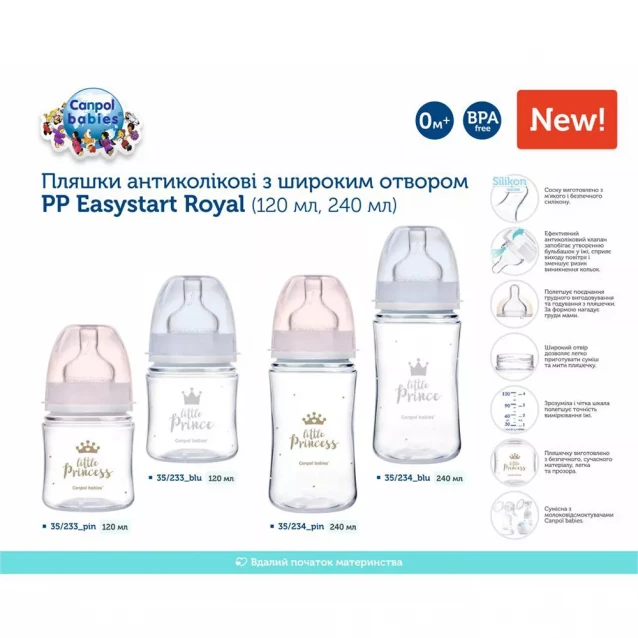 Бутылочка Canpol babies Easy Start Royal baby с широким горлом aнтиколиковая 240 мл (35/234_blu) - 4