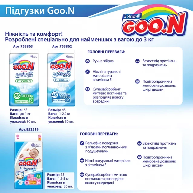 Подгузники Goo.N для младенцев до 5 кг унисекс (36853888) - 6