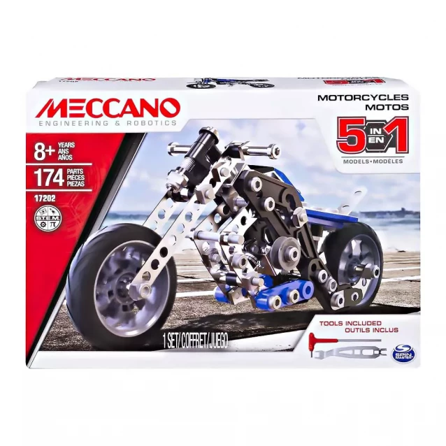 SPIN MASTER Игрушка конструктор Meccano арт. 6036044, 5 модел. Мотоцикл, 174 дет., В коробке - 1