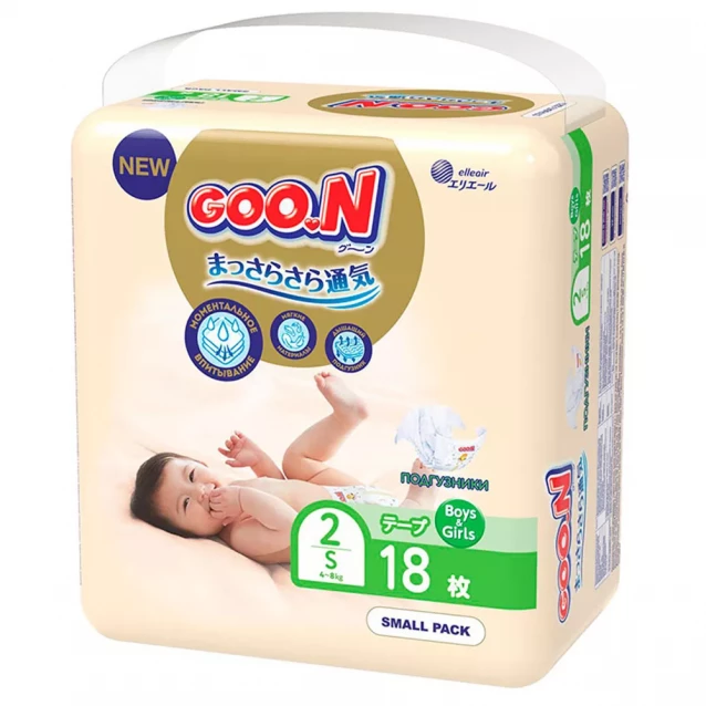 Подгузники GOO.N Premium Soft для детей 4-8 кг (размер 2(S), на липучках, унисекс, 18 шт) - 2