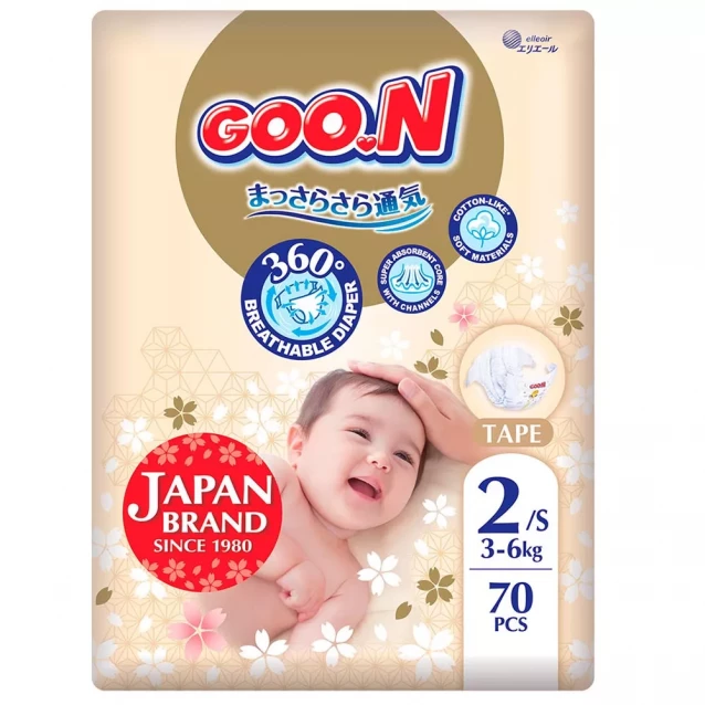 Підгузки Goo.N Premium Soft Розмір 2S, 3-6 кг 70 од (F1010101-153) - 1