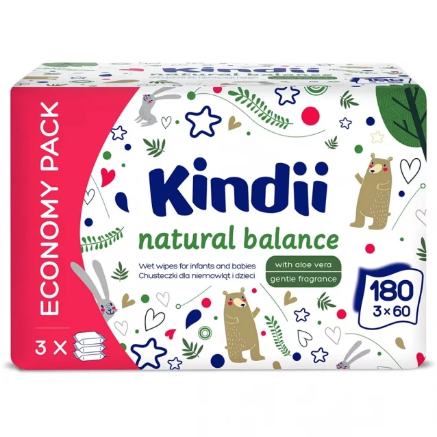 Kindii Natural Balance Вологі серветки для немовлят і дітей 3х60 шт (10) 5900095029113 - 1
