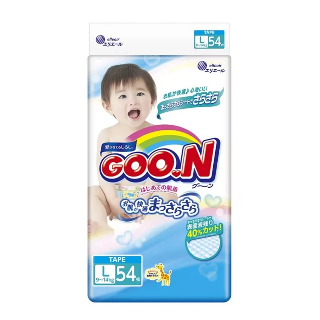 Підгузки GOO.N для дітей 9-14 кг (розмір L, на липучках, унісекс, 54 шт) - 1