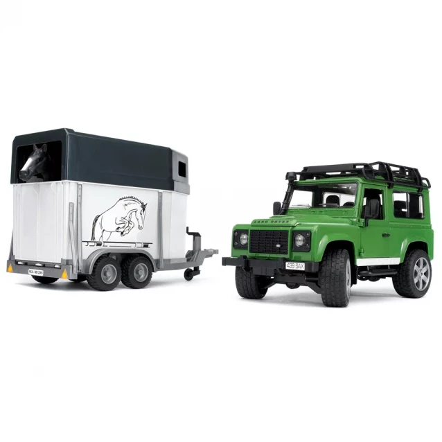 BRUDER игрушка - джип Land Rover Defender с прицепом для перевозки лошадей + лошадка, М1:16 - 1